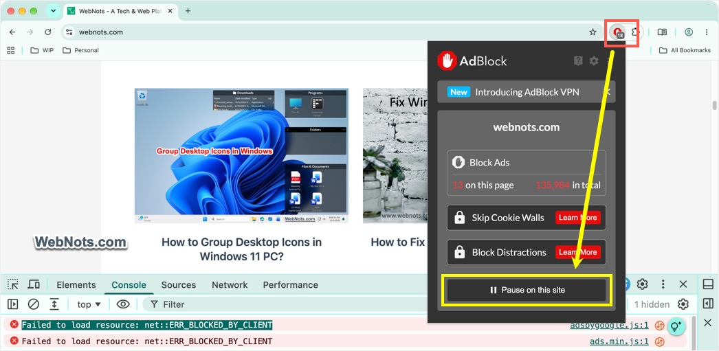 Pause a Website in AdBlock