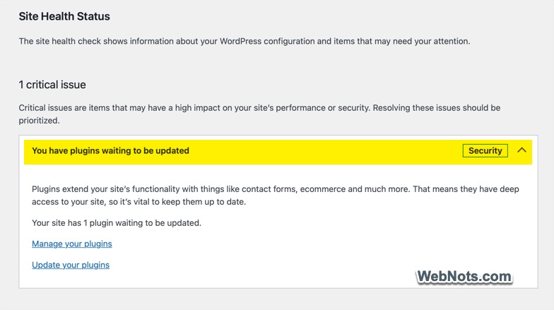 Plugin Update Warning in Site Health Section