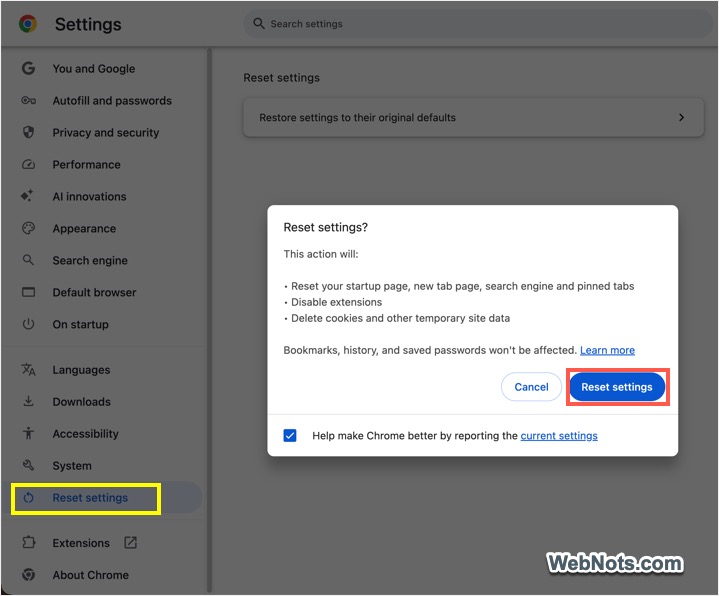 Reset Google Chrome